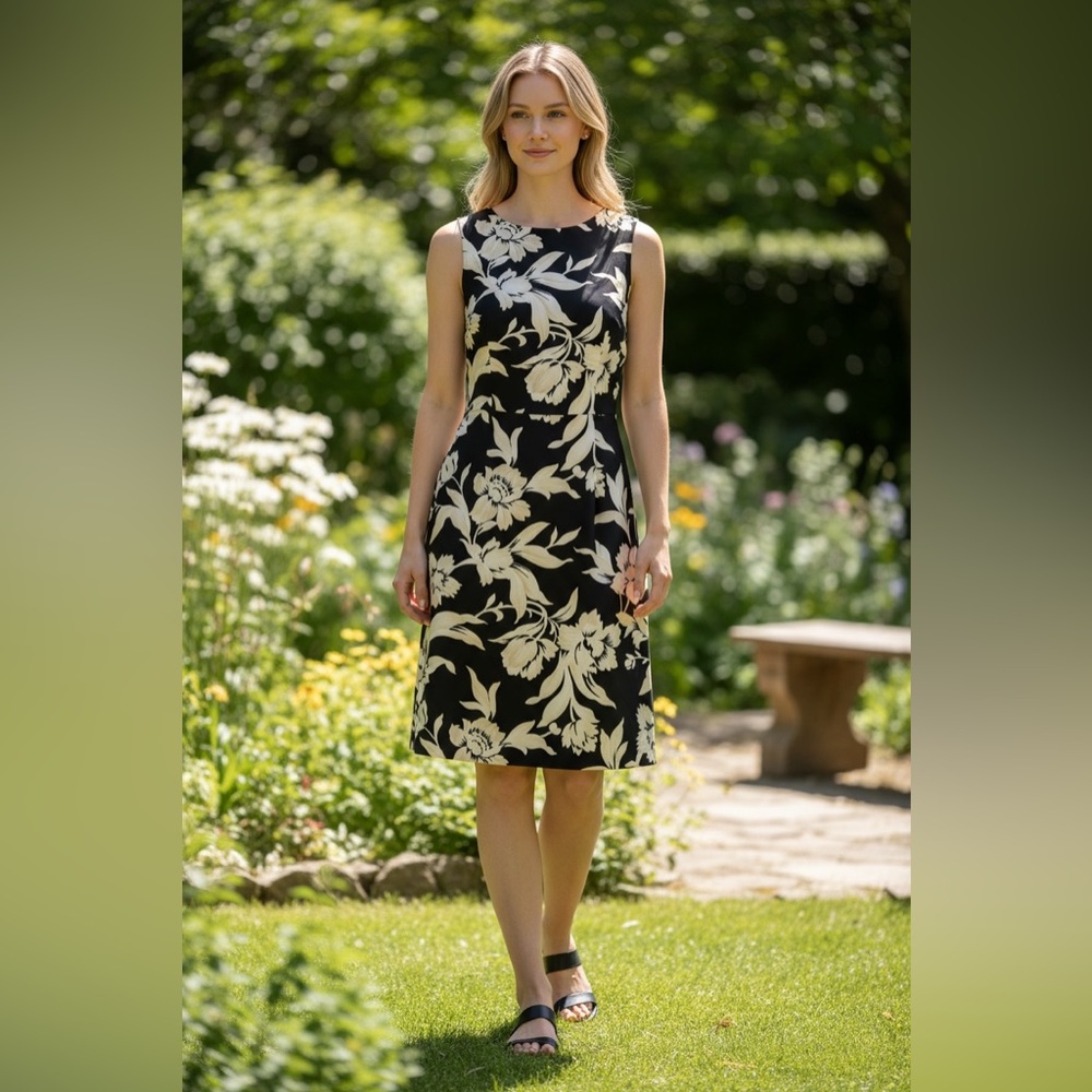 Ann Taylor Black and Cream Floral Midi Dress 100% silk